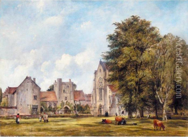 A View Of The Hospital At St Cross, Winchester, With Cattle Grazing In The Foreground Oil Painting - Frederick Waters Watts