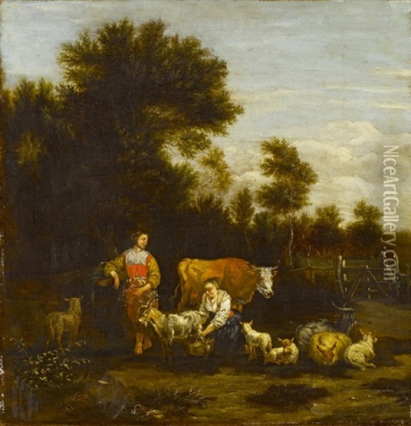 Hirten Und Hirtinnen Mit Ihren Tieren Vor Weiter Landschaft Oil Painting - Johannes van der Bent