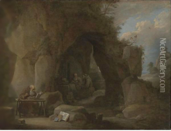 Hermits Writing In A Rocky Landscape Oil Painting - David The Younger Teniers