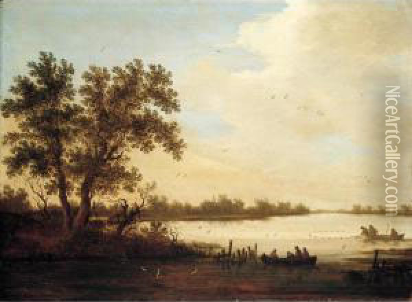 A River Landscape With Peasants Netting Fish From Boats Oil Painting - Johannes Pietersz. Schoeff