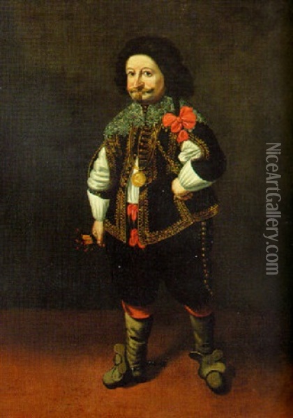 Portrait Of A Dwarf In A Gold Embroidered Black Coat With Slashed Sleeves, Black Breeches And A White Shirt Oil Painting - Carlo Ceresa