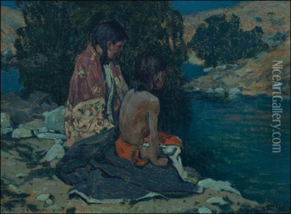 Two Indian Children Oil Painting - Eanger Irving Couse