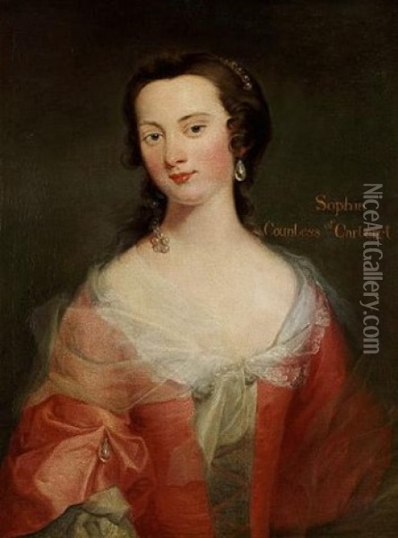 Portrait Of Sophia, Countess Of Carteret, In A Pink Dress, With Pearl Earrings And A Pearl Hair Ornament Oil Painting - Thomas Bardwell