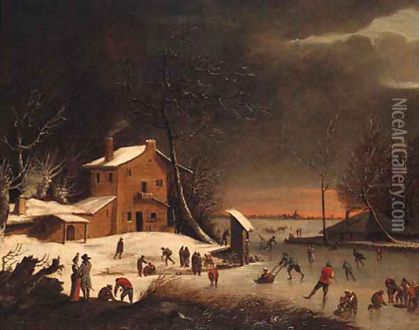 A winter landscape with skaters on a frozen waterway near a farmhouse Oil Painting - Anthonie Beerstraten