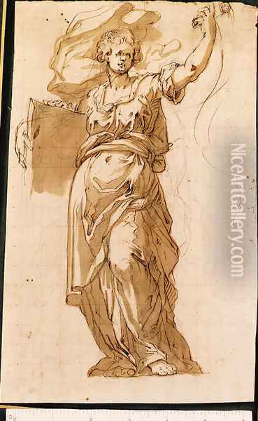 A draped Figure holding a Book and a Scroll Oil Painting - Giovanni Battista (Il Malosso) Trotti