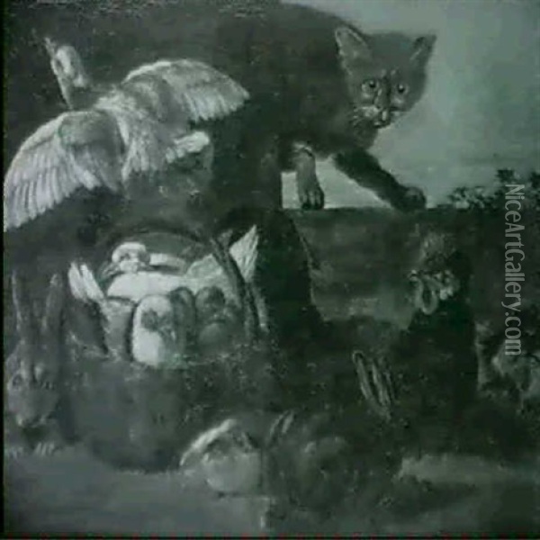 Chat Guettant Des Lapins, Pigeons Et Volailles Oil Painting - David de Coninck