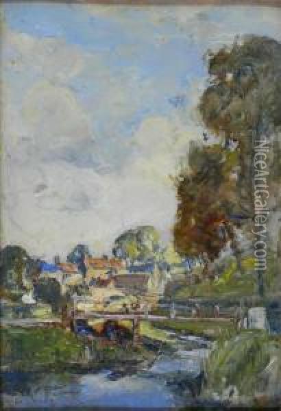 A Passing Bridge With Cream Houses Oil Painting - Mason Hunter