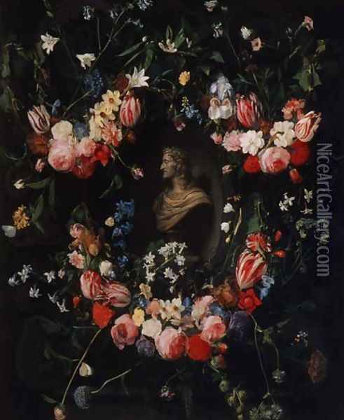 Garland of flowers surrounding a marble bust of Archduke Leopold Guglielmo, c.1647 Oil Painting - Daniel Seghers