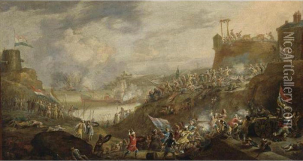 A Battle Scene Between Dutch And
 Turkish Soldiers With Artillery, Near A Fortress On A Mediterranean 
Coast, A Naval Battle In The Bay Nearby Oil Painting - Jan Peeters