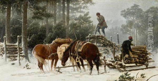 Wood Cutter In Winter. 1878. Oil Painting - Arthur Johan Severin Nikutowski