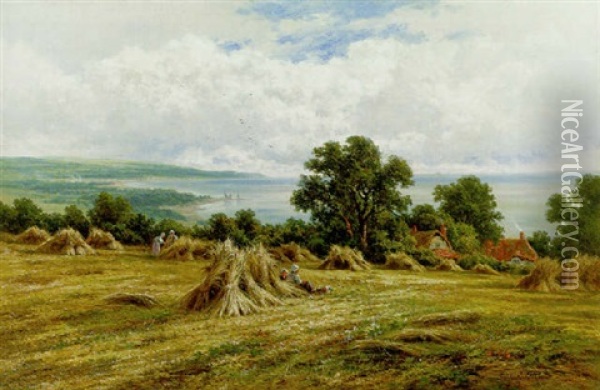 Harvesting By The Sea Oil Painting - Henry H. Parker