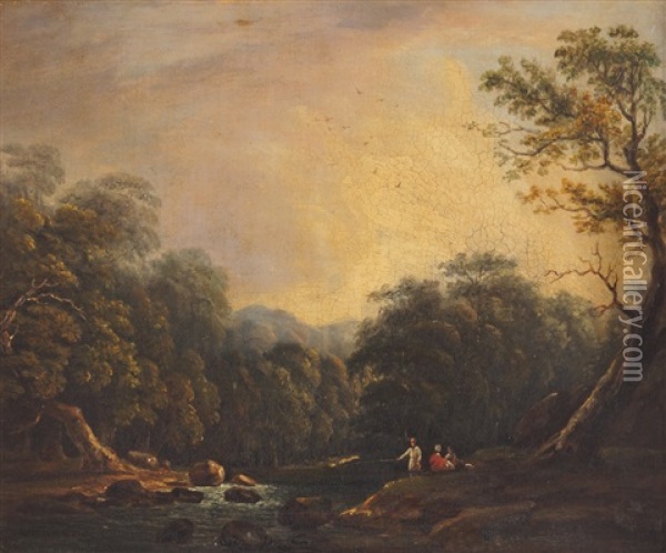 A Wooded River Landscape With Figures Fishing Oil Painting - James Arthur O'Connor