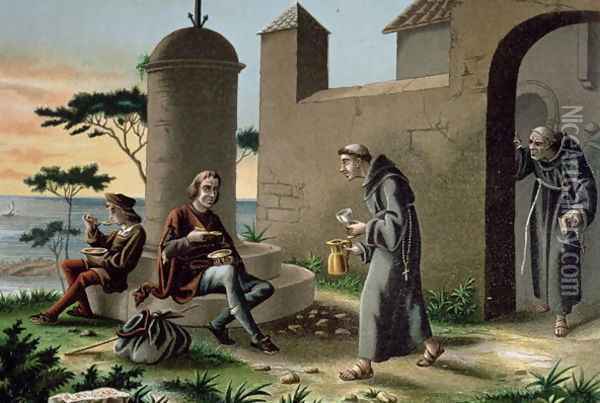 The Arrival of Christopher Columbus 1451-1506 with his Son at the Monastery of la Rabida, from The Discovery of America, published in Barcelona in 1878 Oil Painting - R. Puiggari