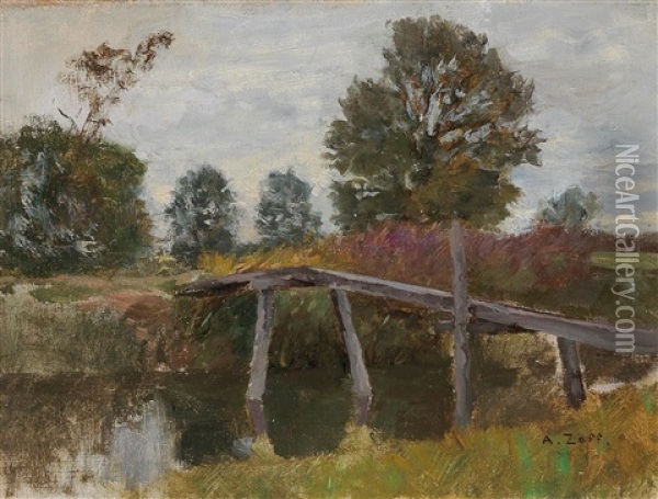 Old Bridge In Langenpreising Oil Painting - Alfred Zoff