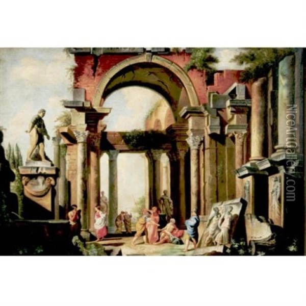 Figures Among Roman Ruins (by Marco Vannetti) Oil Painting - Giovanni Paolo Panini