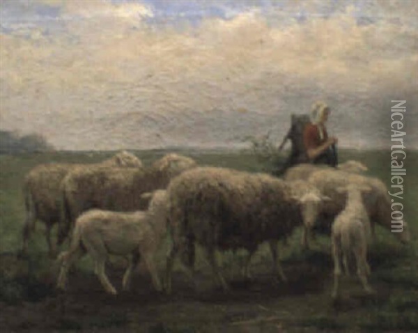 Sheep And Shepherdess In A Landscape Oil Painting - Jef Louis Van Leemputten