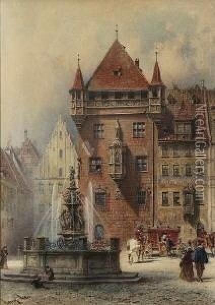 Nurnberg - Lorenzer Platz Mit
 Tugendbrunnen. Oil Painting - Lorenz Ritter