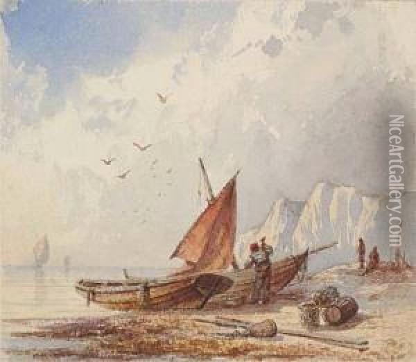 Fishing Boats On The Shore Near The White Cliffs Ofrugen Oil Painting - Franz Johann (Wilhelm) Hunten