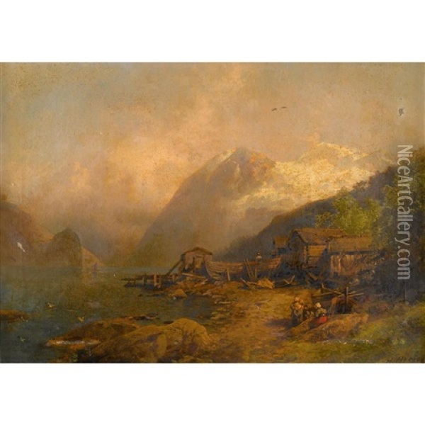 Alpine Valley With Figures And Chalets Oil Painting - Hermann Herzog