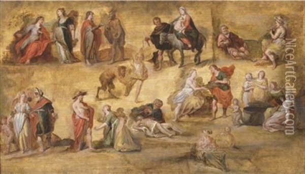 Mythological And Religious Scenes: A Workshop Modello Oil Painting - Hans Jordaens III