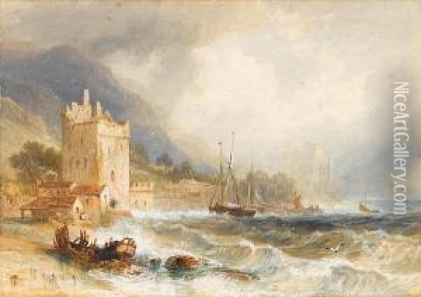 Castle Ruins On The Irish Coast In Stormyweather Oil Painting - Henry G. Gastineau
