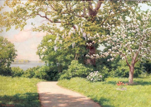 Soligt Sommarlandskap Med Blommande Syrener Och Frukttrad Oil Painting - Johan Fredrik Krouthen
