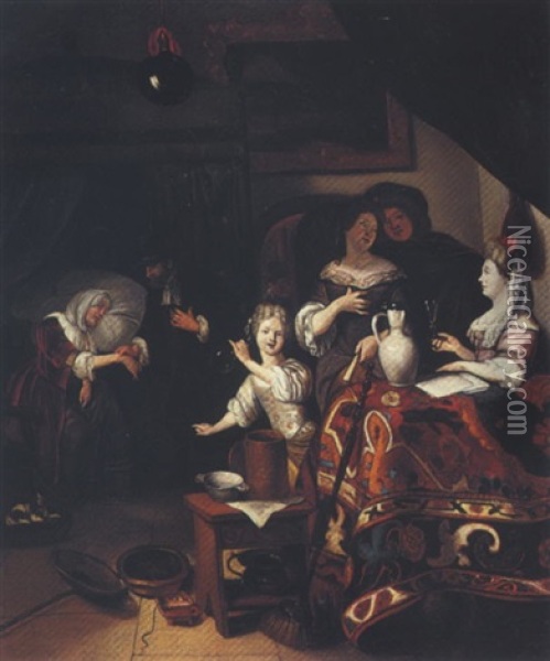 Interior With Figures Gathered Around A Table And A Doctor Examining A Woman Oil Painting - Richard Brakenburg