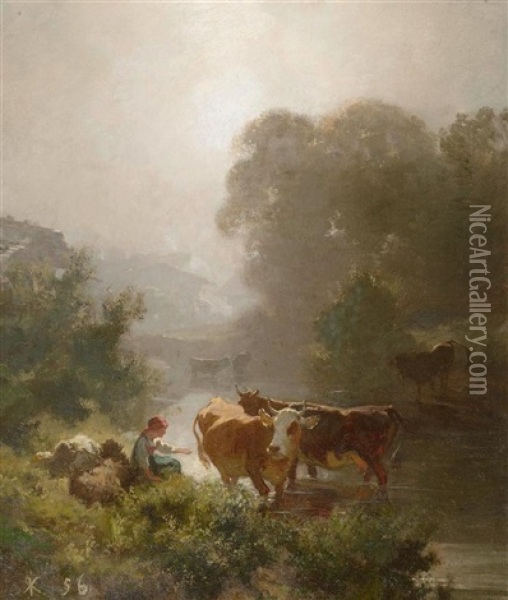 Landschaft Mit Kuhen Und Einer Magd Am Fluss Oil Painting - Johann Rudolf Koller