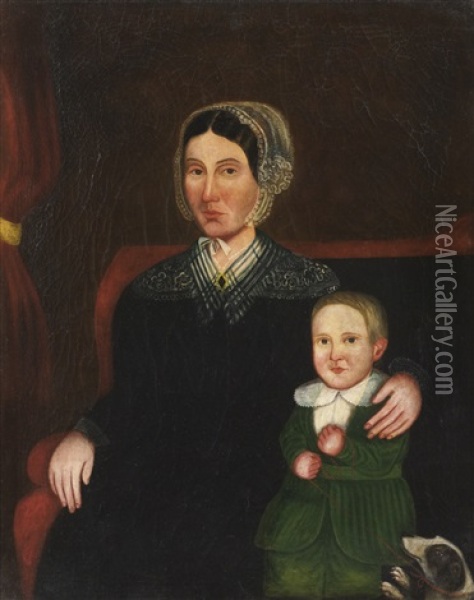 Young Mother And Son Seated On An Upholstered Settee With Dog Oil Painting - Sheldon Peck