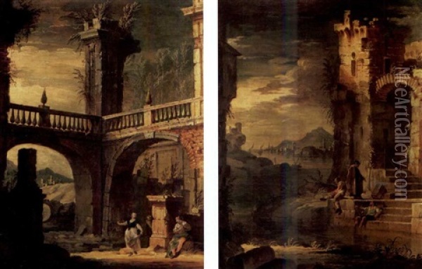 A Capriccio View Of Roman Ruins With Classical Figures, A Pastoral Landscape Beyond Oil Painting - Antonio Diziani