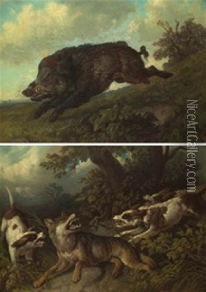 Jabali (+ Lobo Y Perros; Pair) Oil Painting - Auguste Rolland