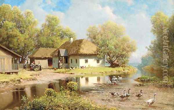 Village River Oil Painting - Petr Alexandrovich Sukhodol'skii