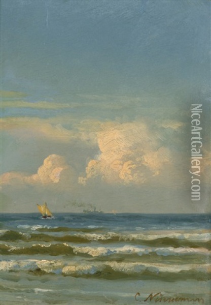 Kleines Segelboot Auf Dem Meer, Im Hintergrund Ein Dampfschiff Oil Painting - Carl Johann Neumann