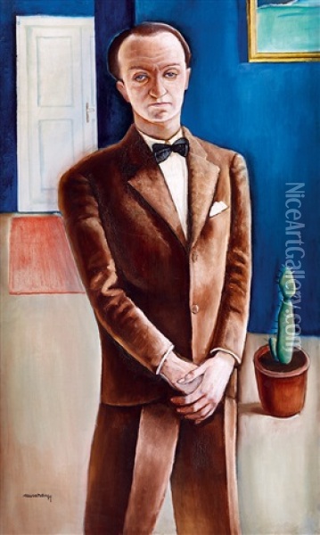 Man In Suit With Cactus Around 1928 Oil Painting - Gyoergy Rauscher