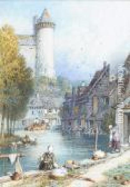 A Continental Town Oil Painting - Myles Birket Foster