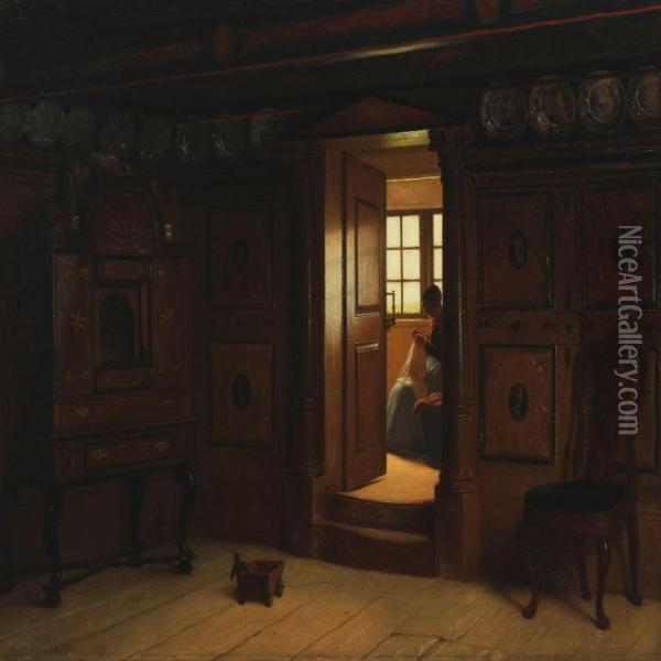 En Stue I En Gammel Bondegard I Hollaenderby Oil Painting - Julius Exner