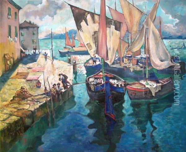 Sudlandische Hafenansicht Mit Ankernden Segelbooten Oil Painting - Constantin Gorbatoff