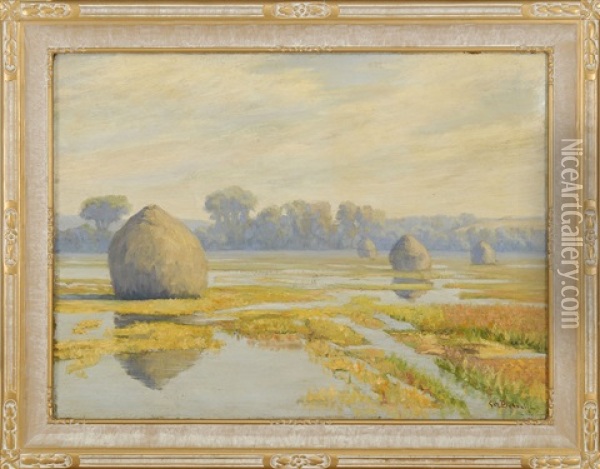 Marsh With Haystacks. Trees In The Distance Oil Painting - George W. Picknell