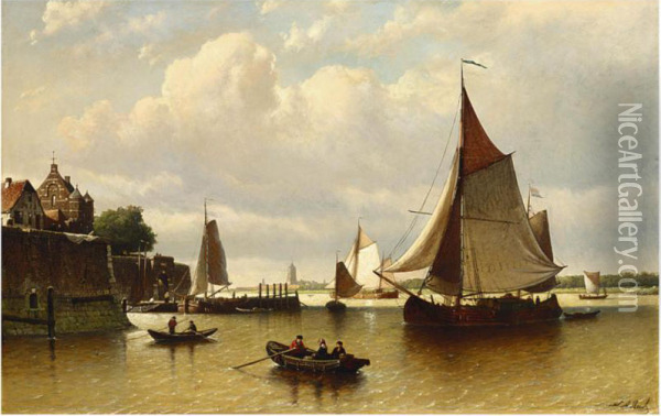 Ships At Low Tide, A Village Beyond Oil Painting - Johan Adolph Rust
