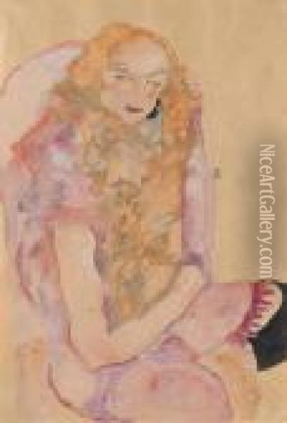 Sitzende Frau Mit Langem Haar Im Pinken Und Gelben Kleid Oil Painting - Egon Schiele