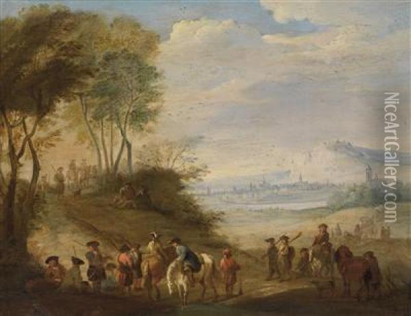 A Wide Landscape With A Hunting Party Oil Painting - Franz Ferg