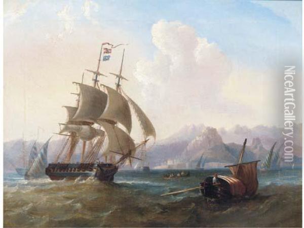A British Frigate Amidst Native Craft Off Corfu Oil Painting - William Garthwaite