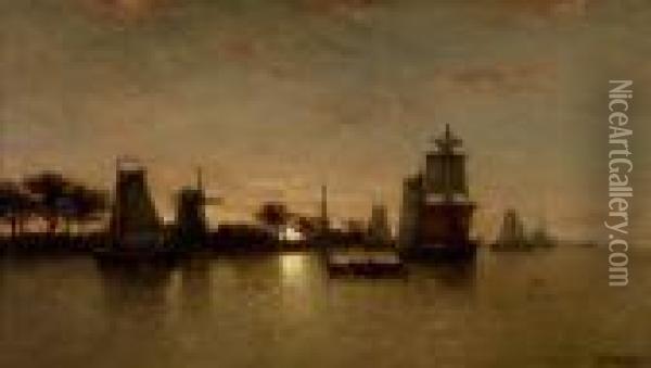 Segelboote Vor Uferlandschaft Bei Sonnenuntergang Oil Painting - Auguste Henri Musin