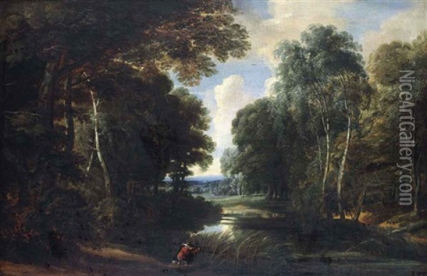 A Wooded River Landscape With A Hunter On A Path Oil Painting - Jacques d' Arthois