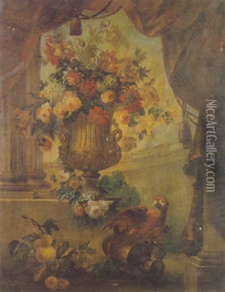 A Still Life Of Roses, Orange Blossom, Honeysuckle, Tulips And Other Flowers In A Stone Vase Oil Painting - Michel Bruno Bellenge