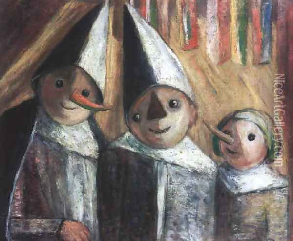 Three Children Under the Flags (Trois enfants sous les petits drapeaux) Oil Painting - Tadeusz Makowski
