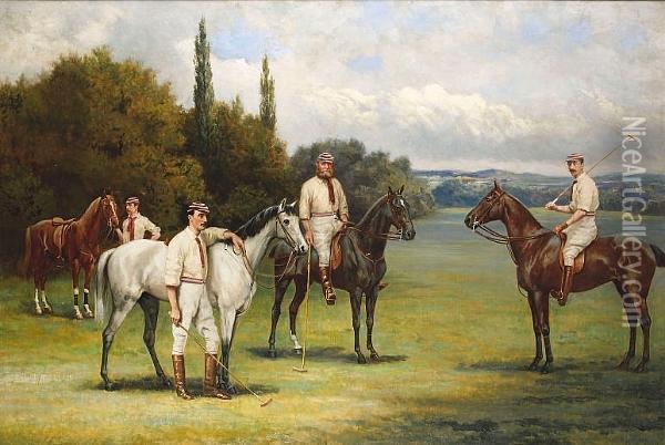 A Portrait Of The Earl Of Harrington, John Reid Walker And William Hall Walker With Their Horses Before A Polo Match Oil Painting - Henry Jamyn Brooks