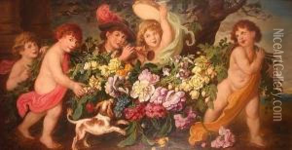 Children Masquerading As Putti 
And Musicians Amidst A Garland Of Flowers With A Spaniel At Their Feet Oil Painting - Ludwig Adam Kunz