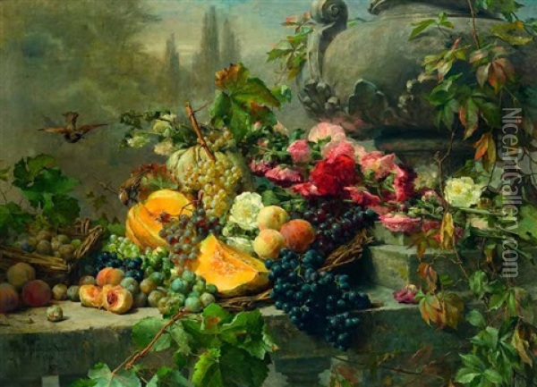 Fruchte- Und Blumenstillleben Mit Vogeln In Parklandschaft Oil Painting - Clara Von Sivers