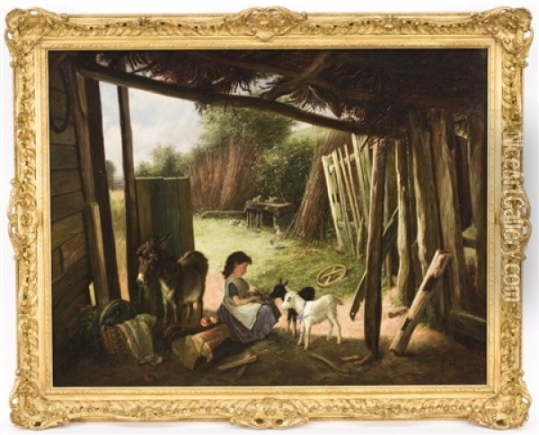 Young Girl In A Barn Feeding Livestock Oil Painting - Charles Hunt